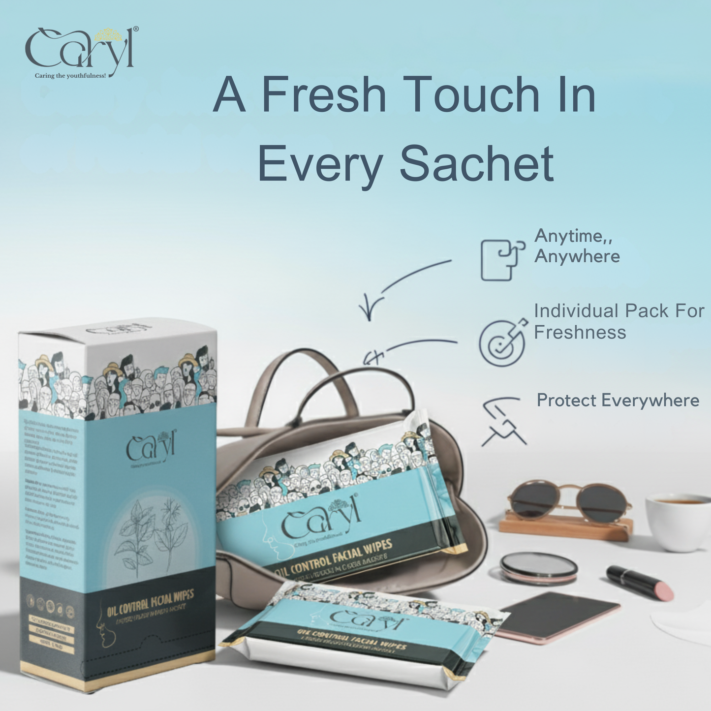 Caryl Oil Control Wipes (Pack of 72 Single Sachets)