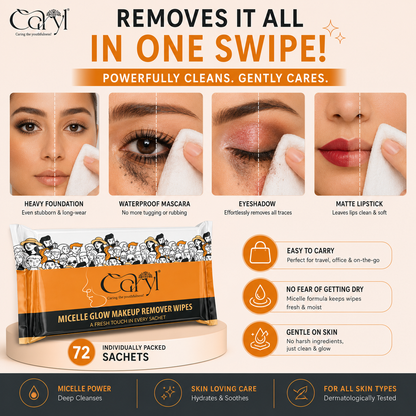 Caryl Micelle Glow Makeup Remover Wipes (Pack of 72 Single Sachets)
