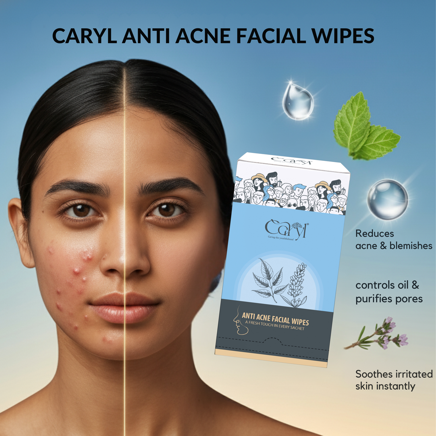 Caryl Anti Acne Facial Wipes (Pack of 72 Single Sachets )