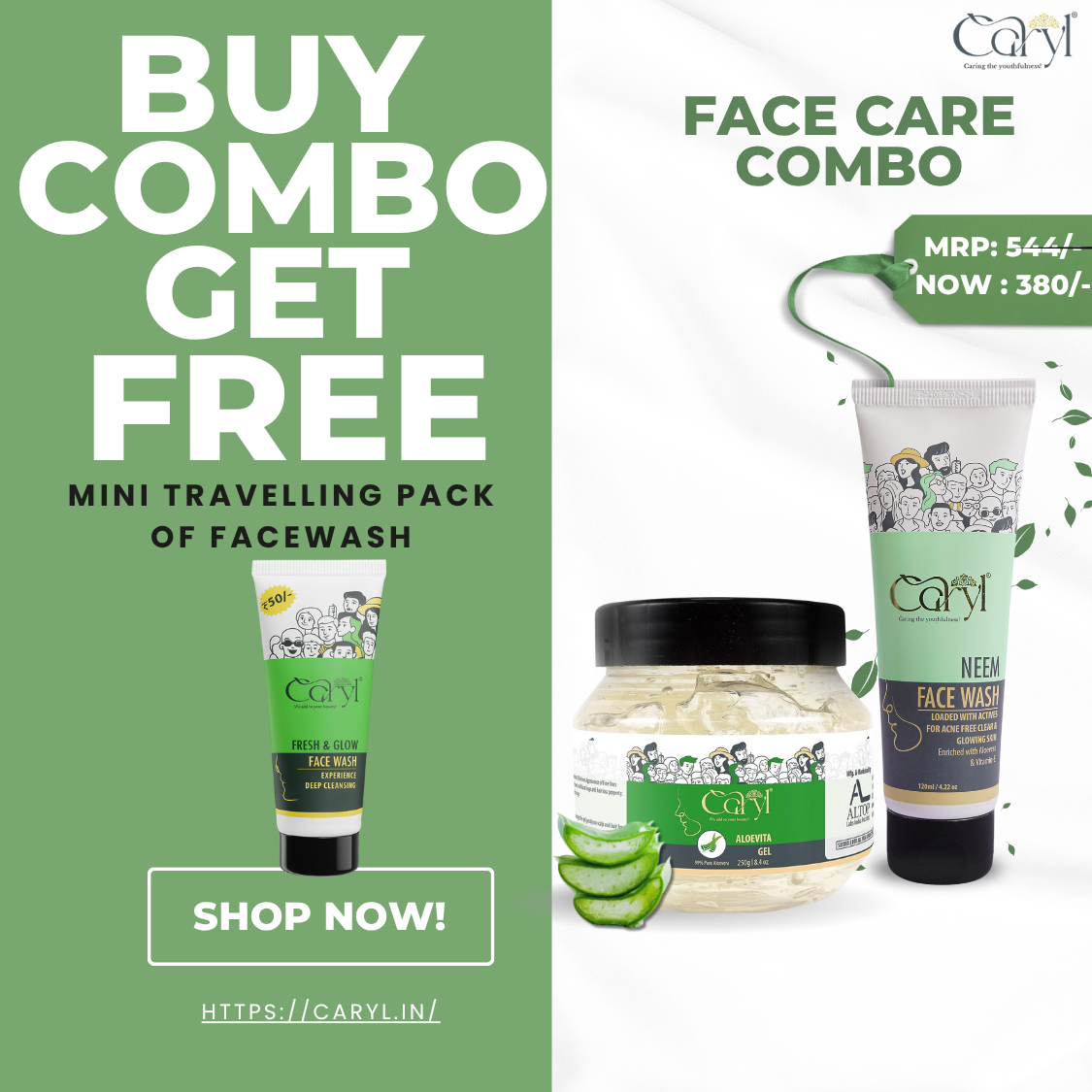 Caryl Combo of Neem Face Wash 120ml & Aloevita Gel 250gm | For Acne-Free, Clear & Glowing Skin - GET FREE MINI TRAVELLING PACK OF FACEWASH