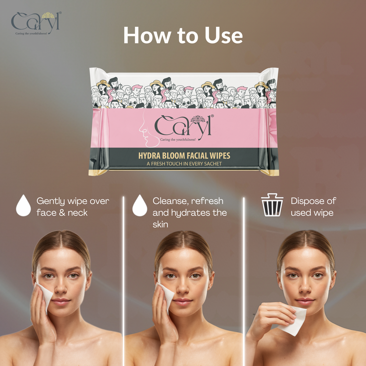 Caryl Hydra Bloom Facial Wipes ( Pack of 72 Single Sachets)
