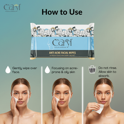 Caryl Anti Acne Facial Wipes (Pack of 72 Single Sachets )