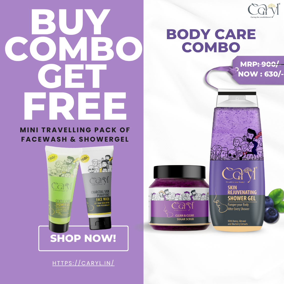 Caryl Combo of Rejuvenating Showergel 280ml & Clean and Clear Sugar Scrub - For Moisture Skin - GET FREE MNI TRAVELLING PACK OF SHOWERGEL & FACEWASH
