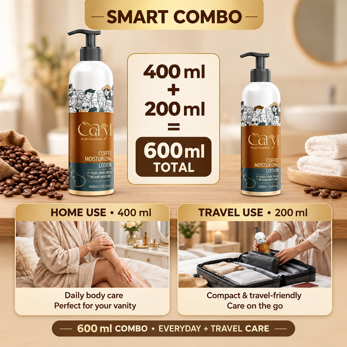 CARYL Coffee Moisturising Lotion Combo –  Buy 400ml + Get 200ml FREE